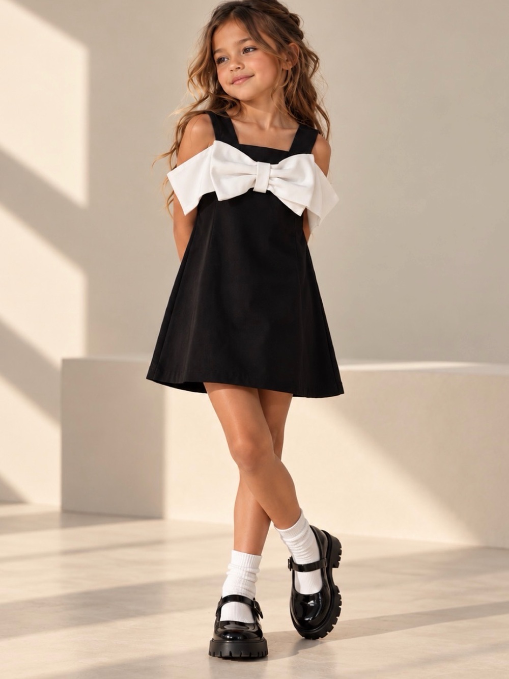 Elegant Kids Black Dress with White Bow